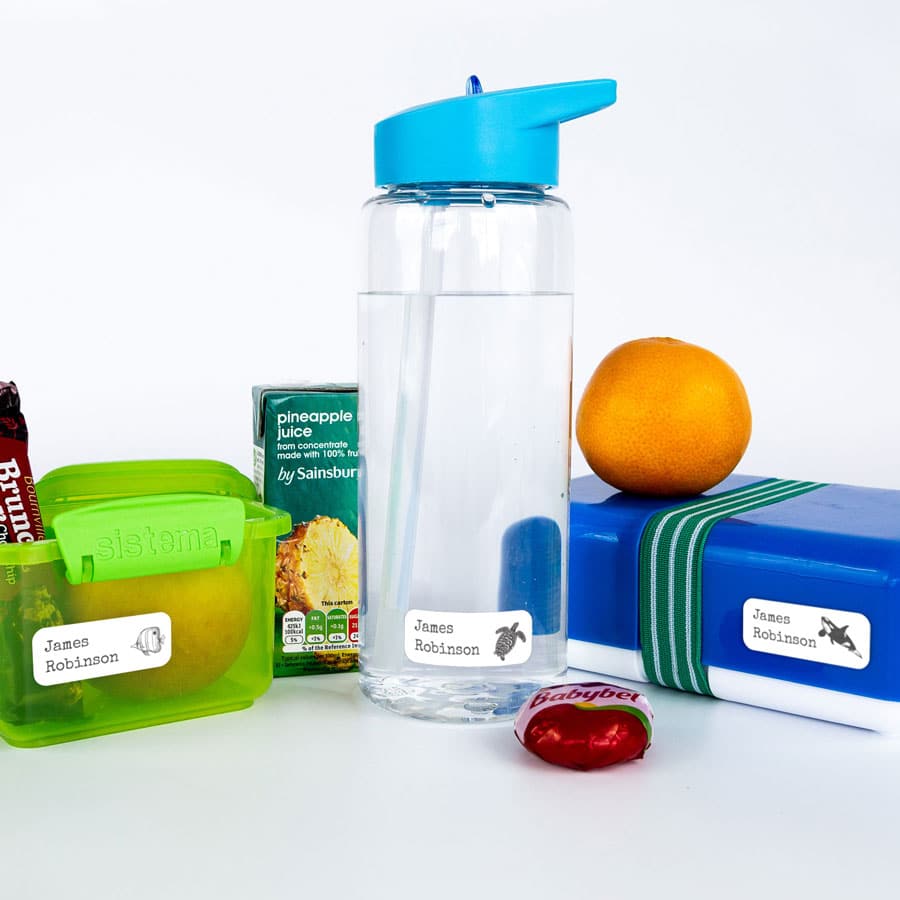 Sea Creatures Name Label Pack on lunch boxes and water bottle