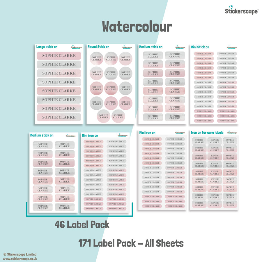 Watercolour school name labels mixed name label pack