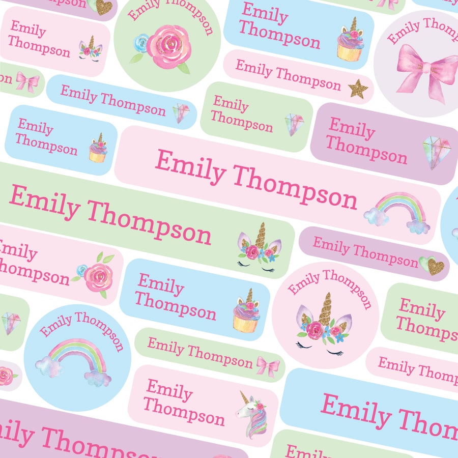 Unicorns and Rainbows school name labels