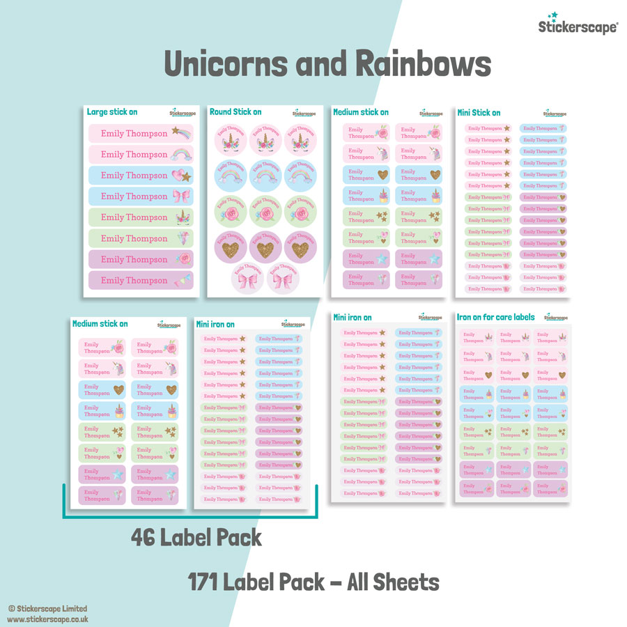 Unicorns and Rainbows school name labels mixed name label pack