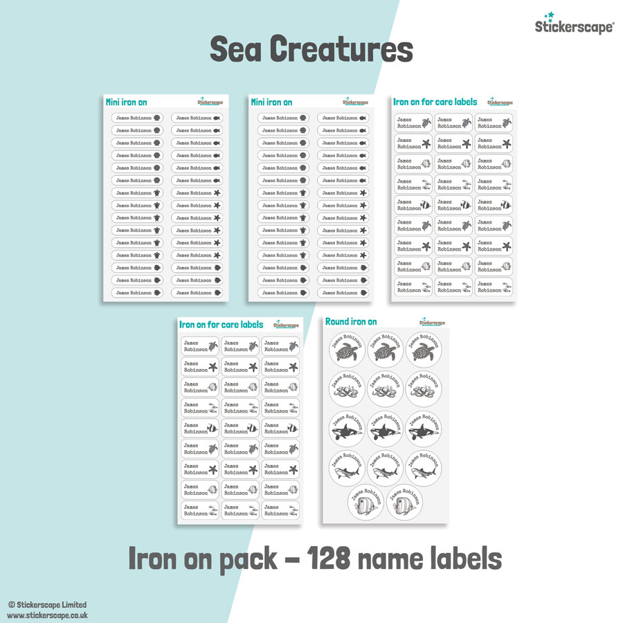 Sea creatures school name labels iron on pack