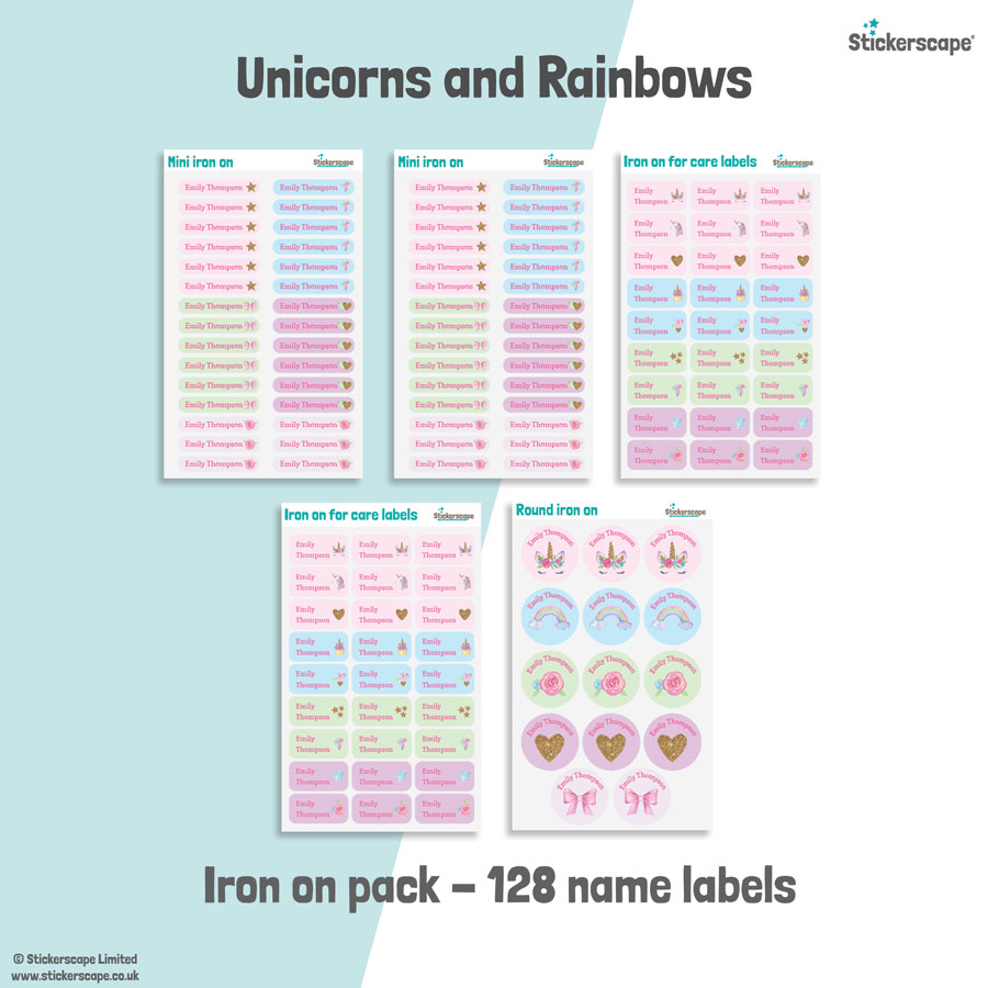 Unicorns and Rainbows school name labels iron on pack