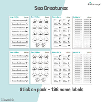 Sea creatures school name labels stick on name label pack