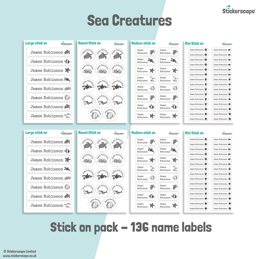 Sea creatures school name labels stick on name label pack