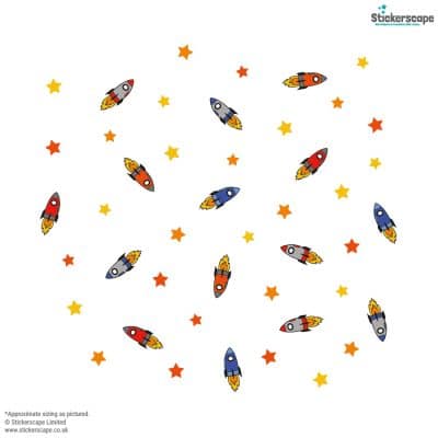 colourful space rocket wall stickers on a white background