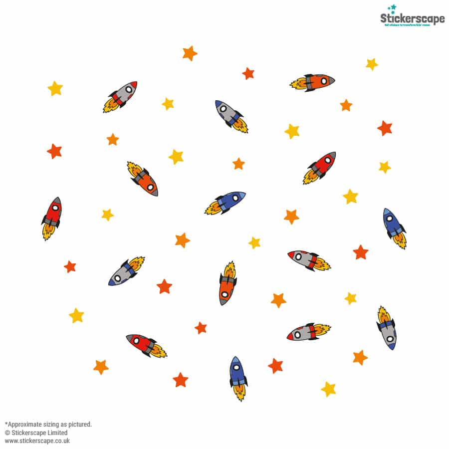 colourful space rocket wall stickers on a white background