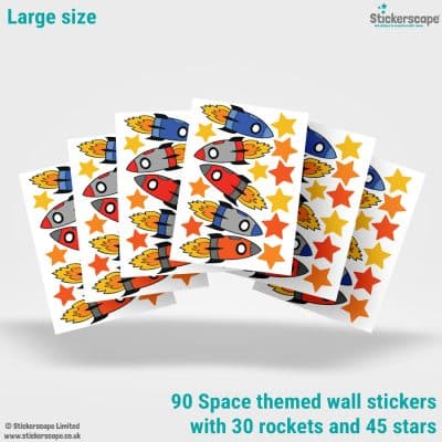 colourful space rocket wall stickers showing what is included in the large size pack