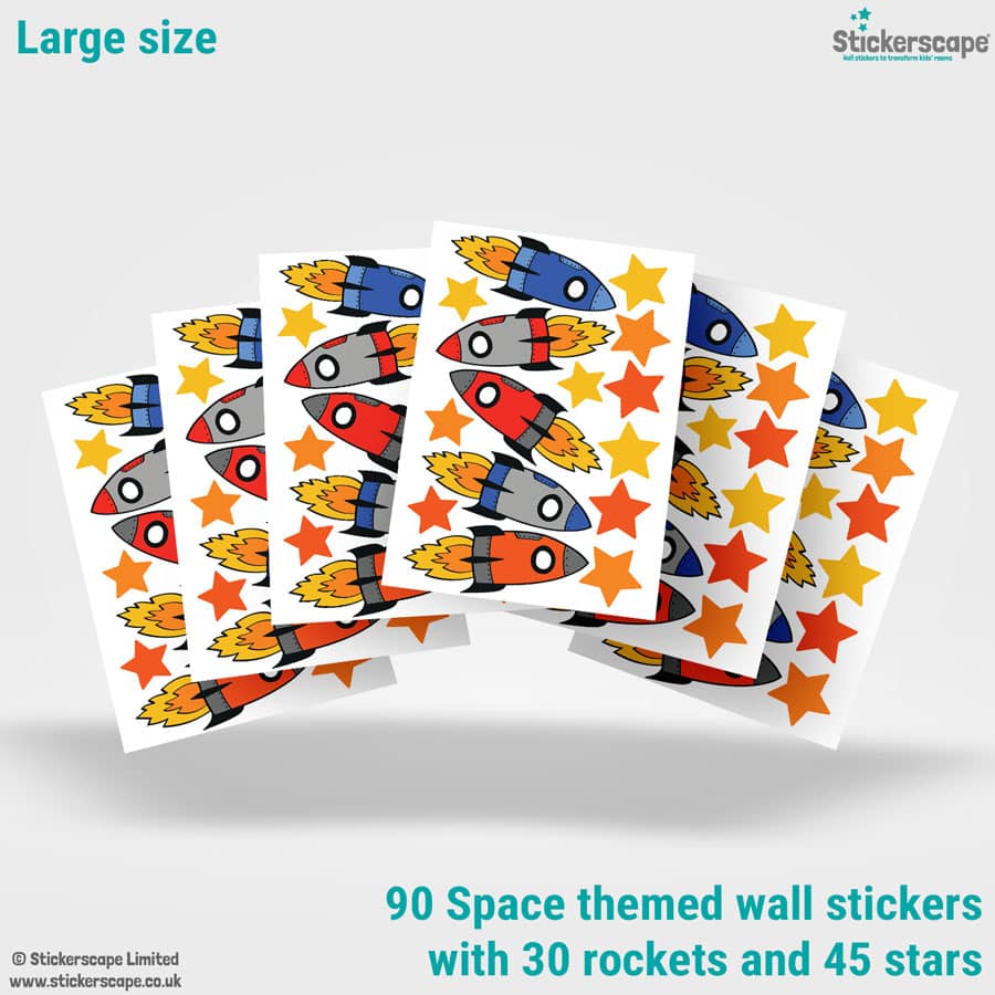 colourful space rocket wall stickers showing what is included in the large size pack