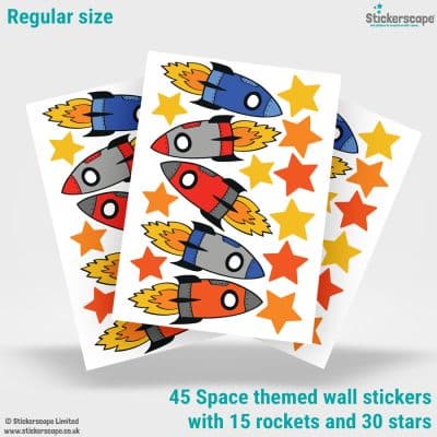 colourful space rocket wall stickers showing what is included in the regular size pack
