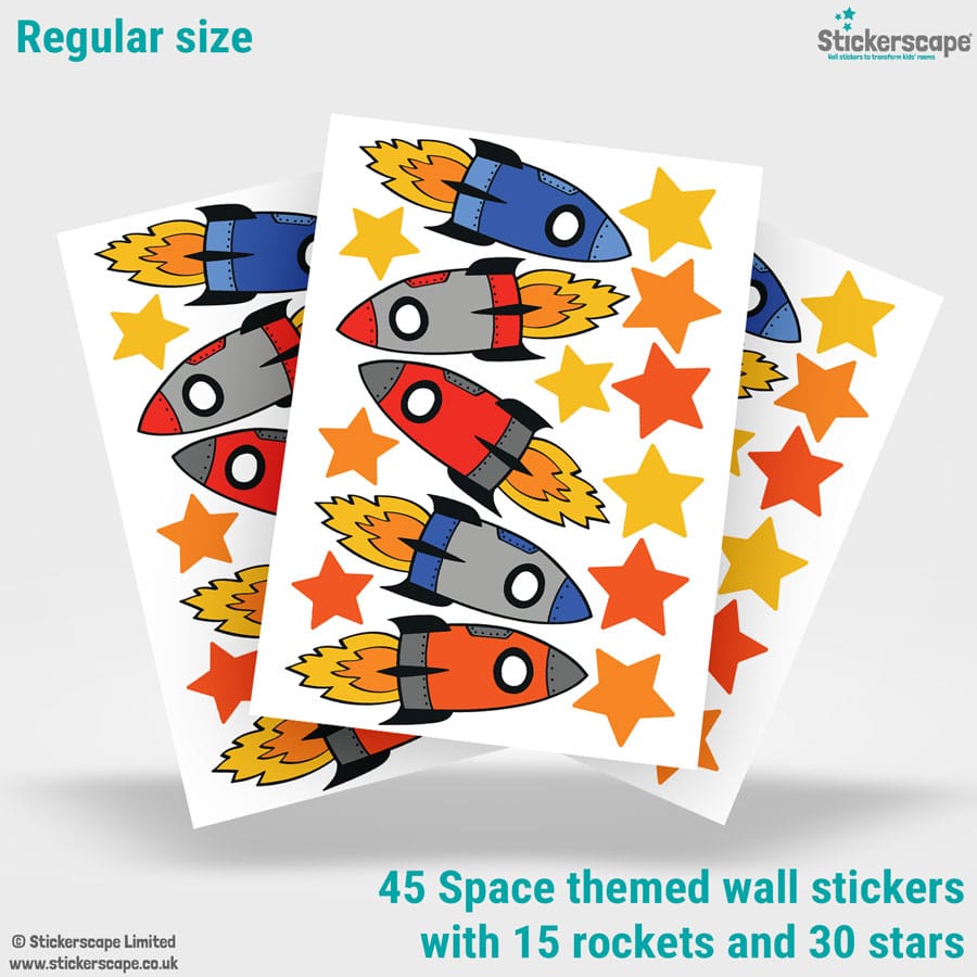 colourful space rocket wall stickers showing what is included in the regular size pack