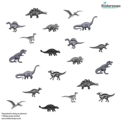 Dinosaur stickaround wall sticker pack (Greyscale) on a white background