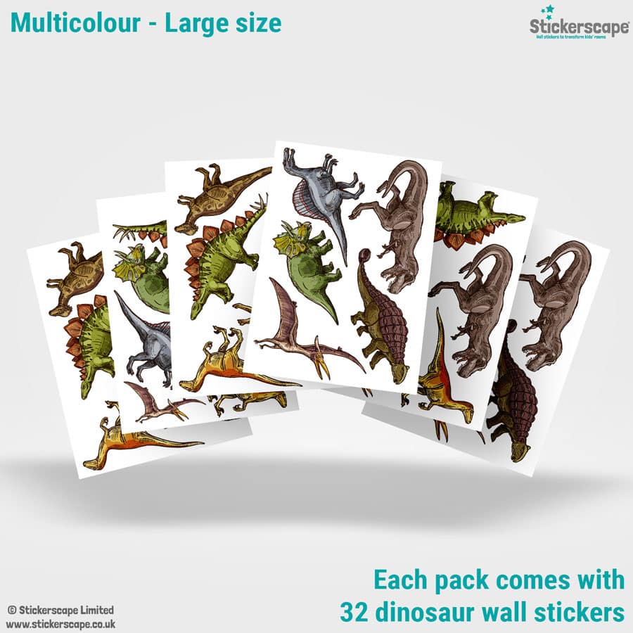 dinosaur adventure wall stickers (colour option) showing what is included in the large size pack
