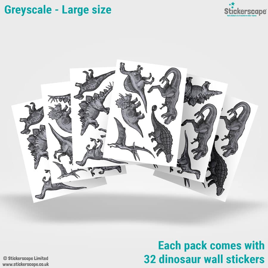 dinosaur adventure wall stickers (greyscale option) showing what is included in the large size pack