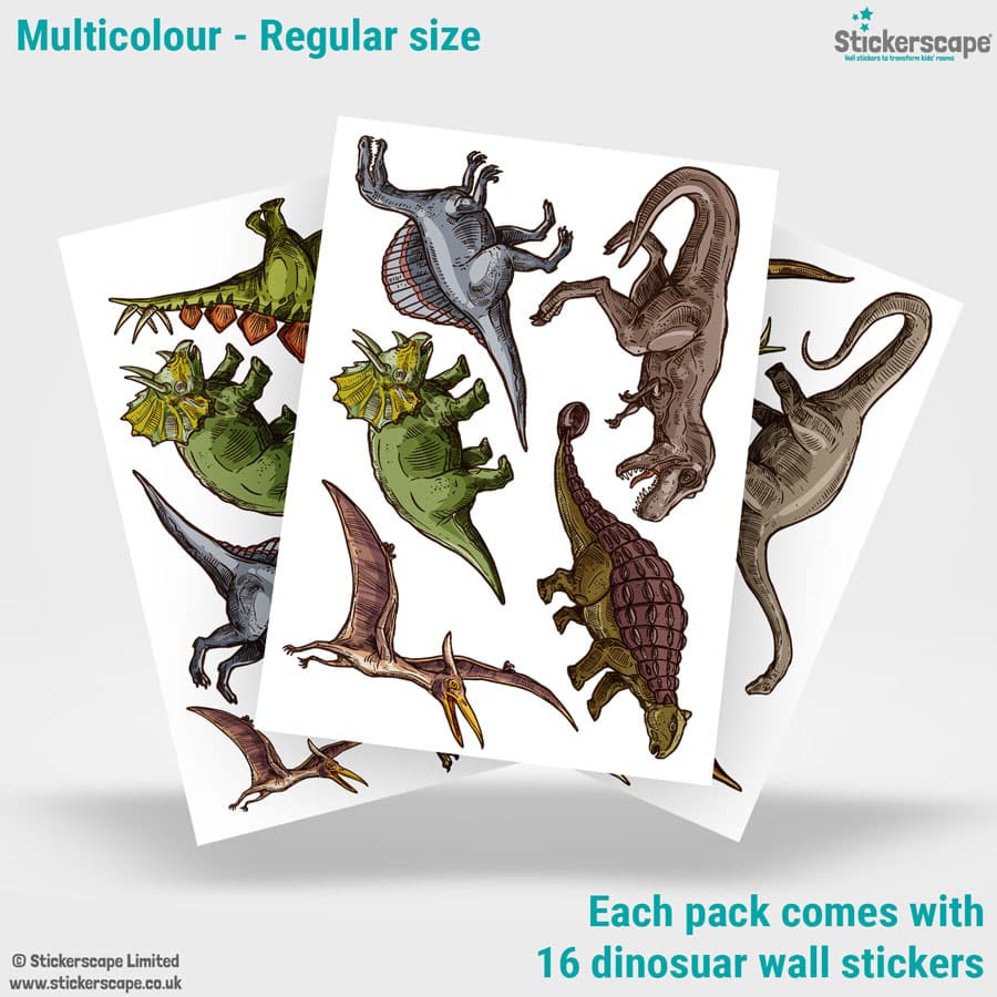 dinosaur adventure wall stickers (colour option) showing what is included in the regular size pack