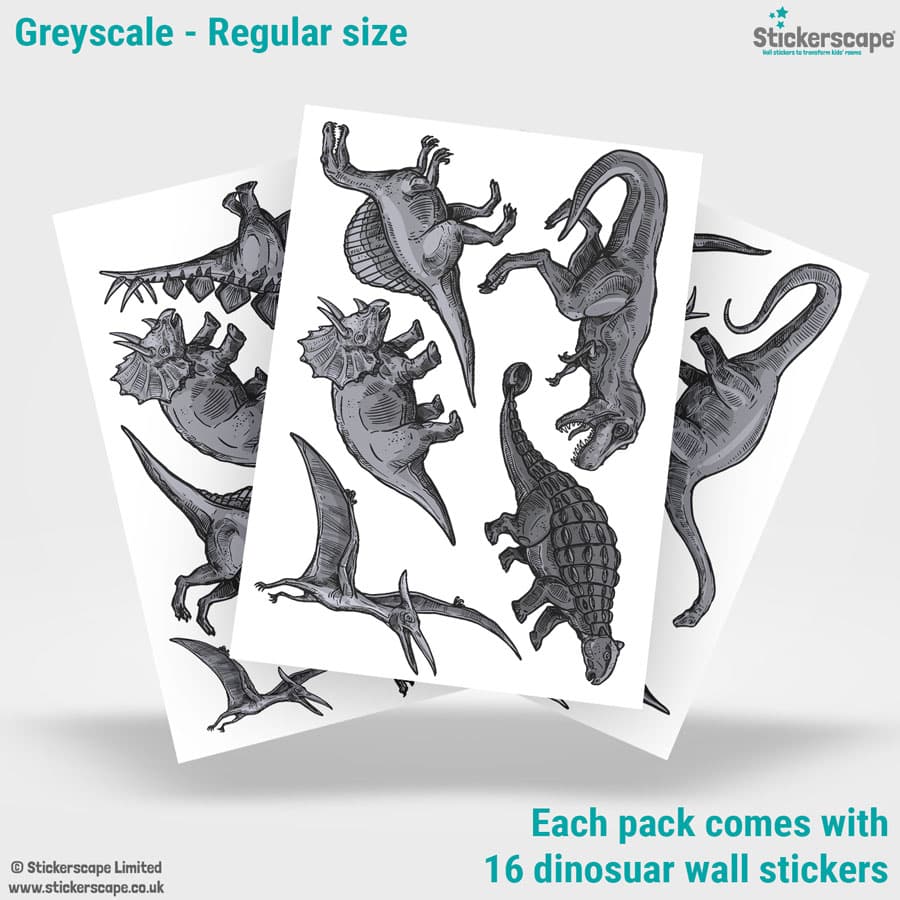 dinosaur adventure wall stickers (greyscale option) showing what is included in the regular size pack