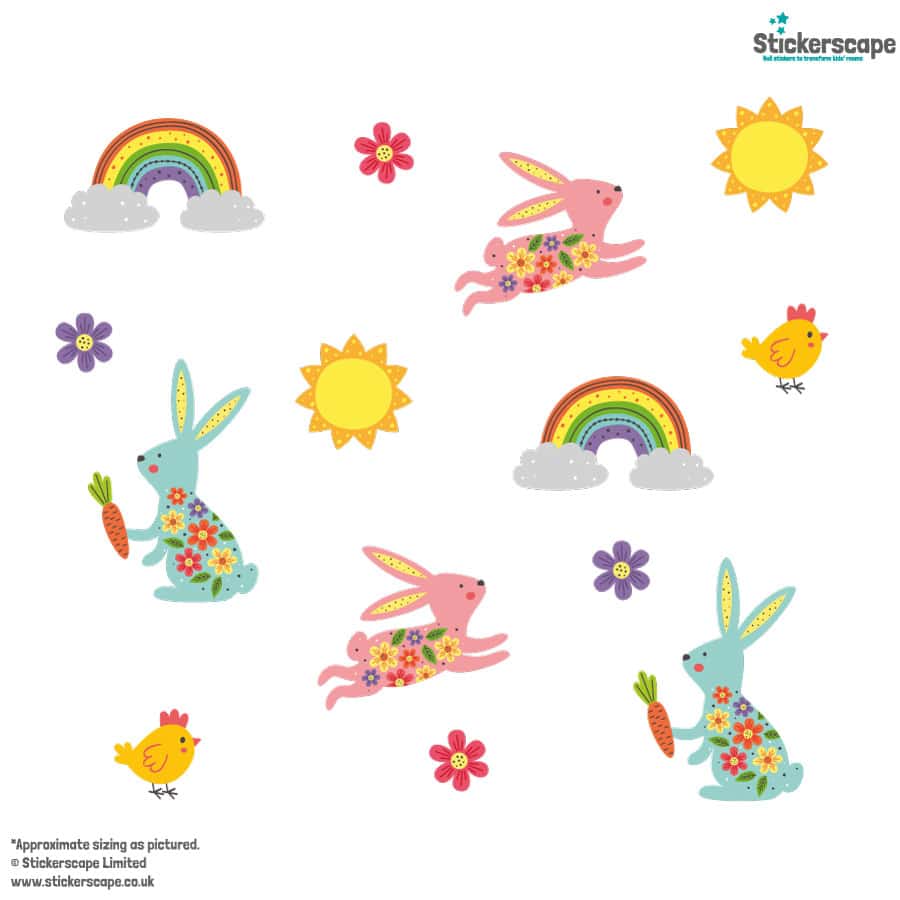 Bunnies and Rainbows window stickers on a white background