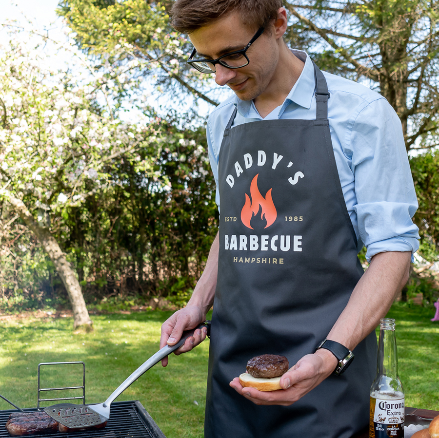 personalised barbecue flame apron in grey