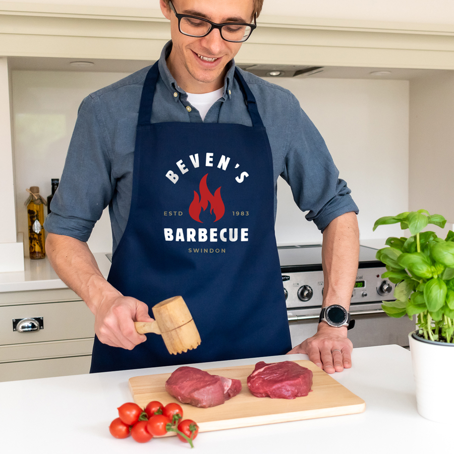 personalised barbecue flame apron in navy