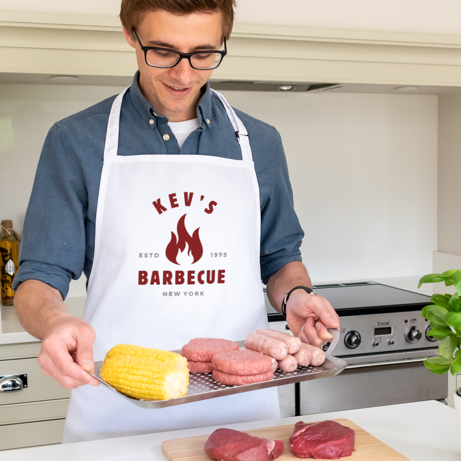 personalised barbecue flame apron in white