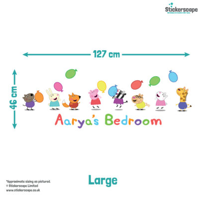 personalised Peppa & Friends With Balloons Wall Sticker large size guide