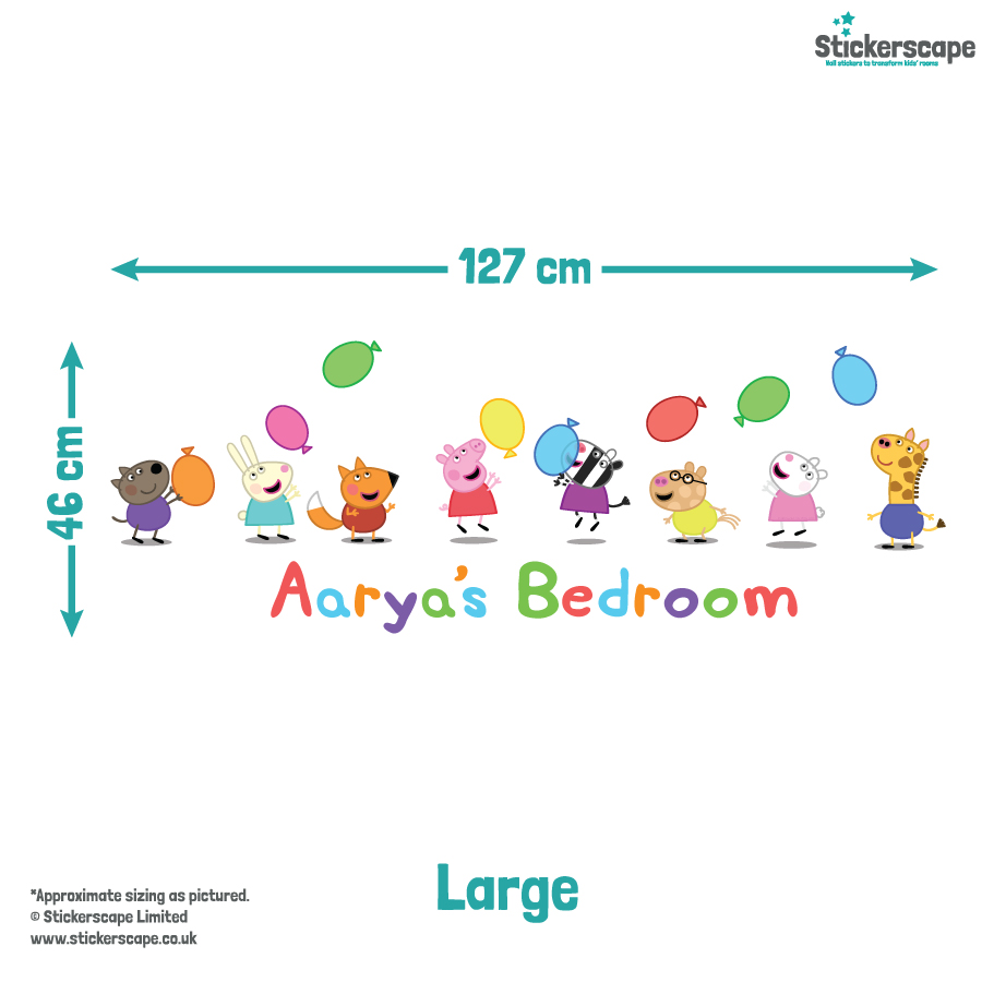 personalised Peppa & Friends With Balloons Wall Sticker large size guide