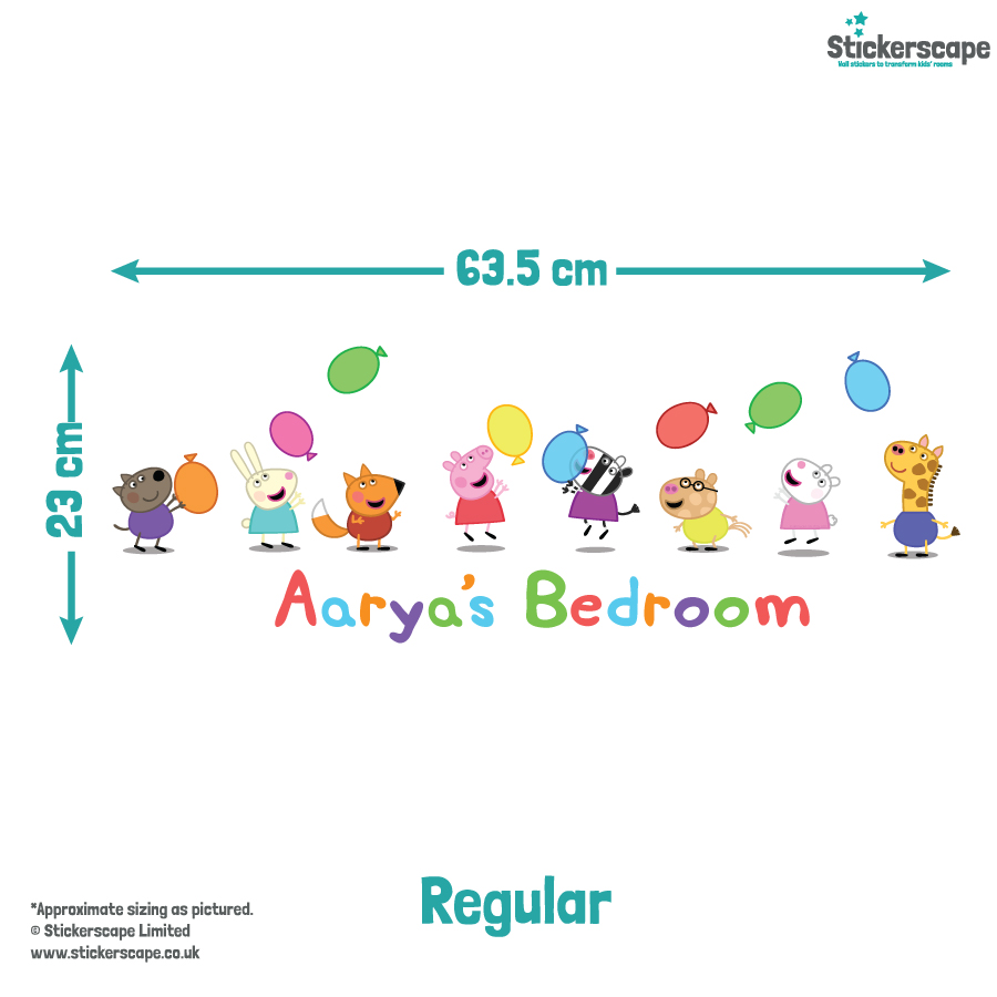 personalised Peppa & Friends With Balloons Wall Sticker regular size guide