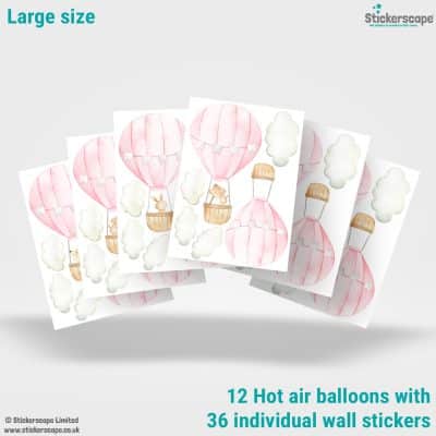 pink hot air balloon wall stickers showing what comes in a large size pack
