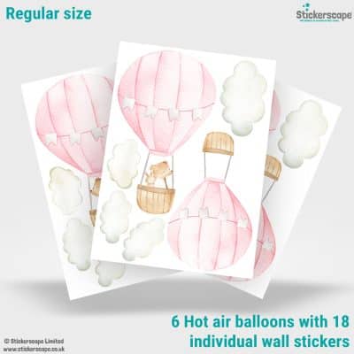 pink hot air balloon wall stickers showing what comes in a regular size pack