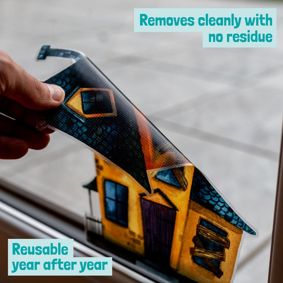 Haunted Village Window Stickers showing clean removability and reusability