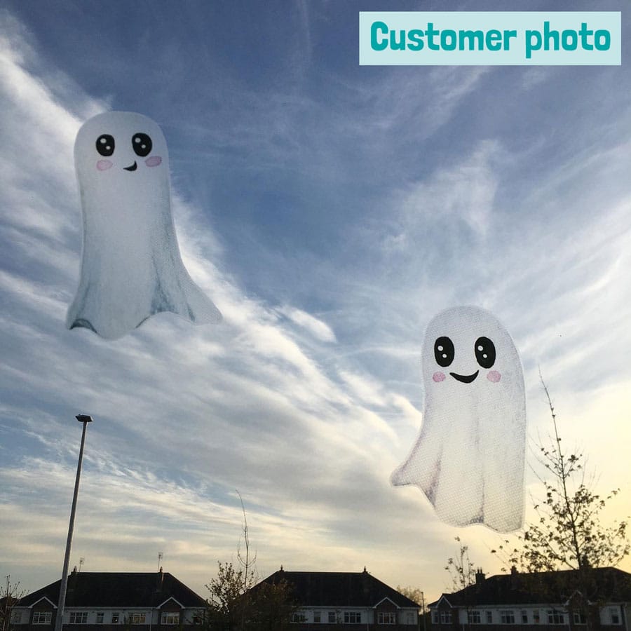 cute ghost window stickers in a window on a blue sky from a customer
