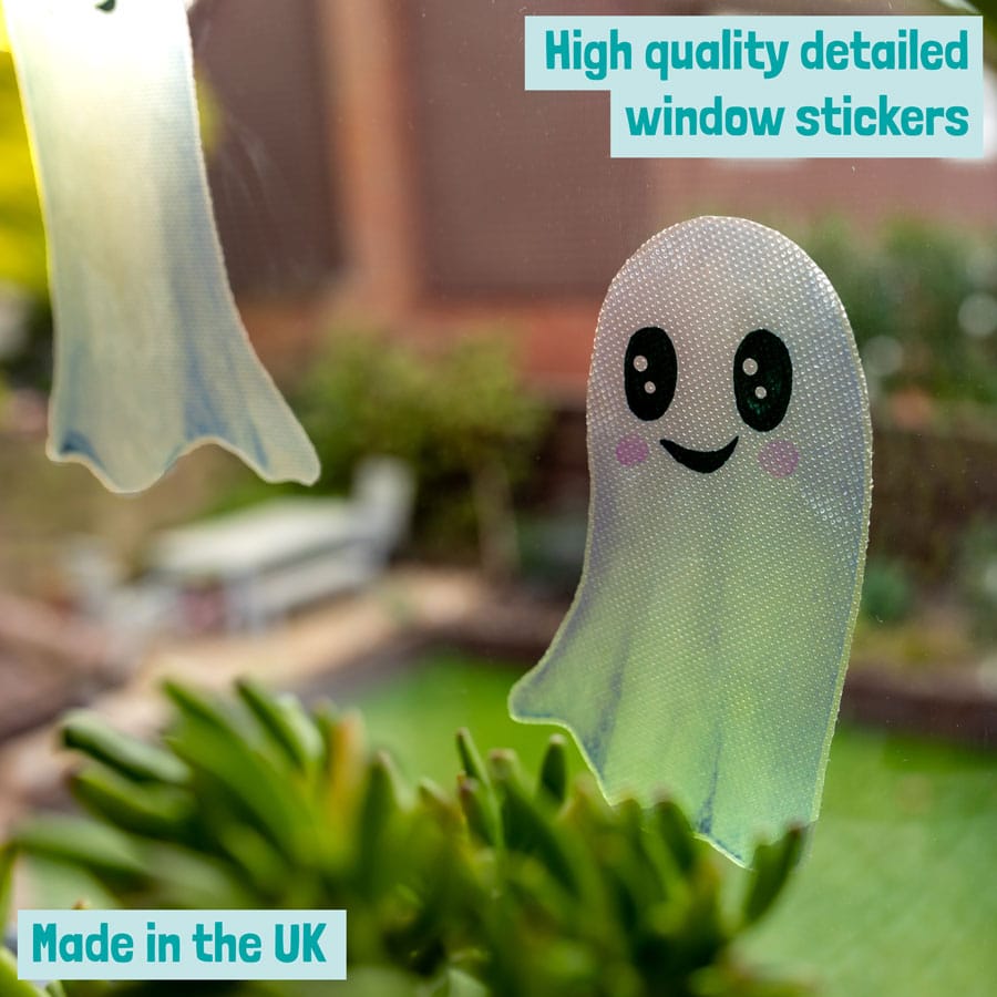 close-up of ghost window stickers showing high quality print