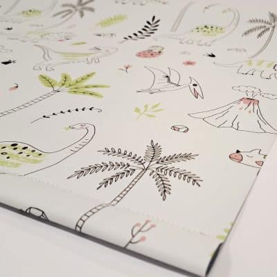 close-up of dino outlines roller blind fabric showing minimalist design with dinosaurs and scenery