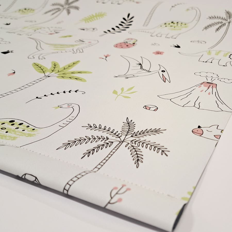 close-up of dino outlines roller blind fabric showing minimalist design with dinosaurs and scenery