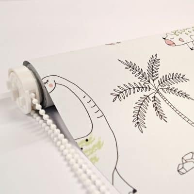 close-up of dino outlines roller blind with roller blind mechanism and white chain