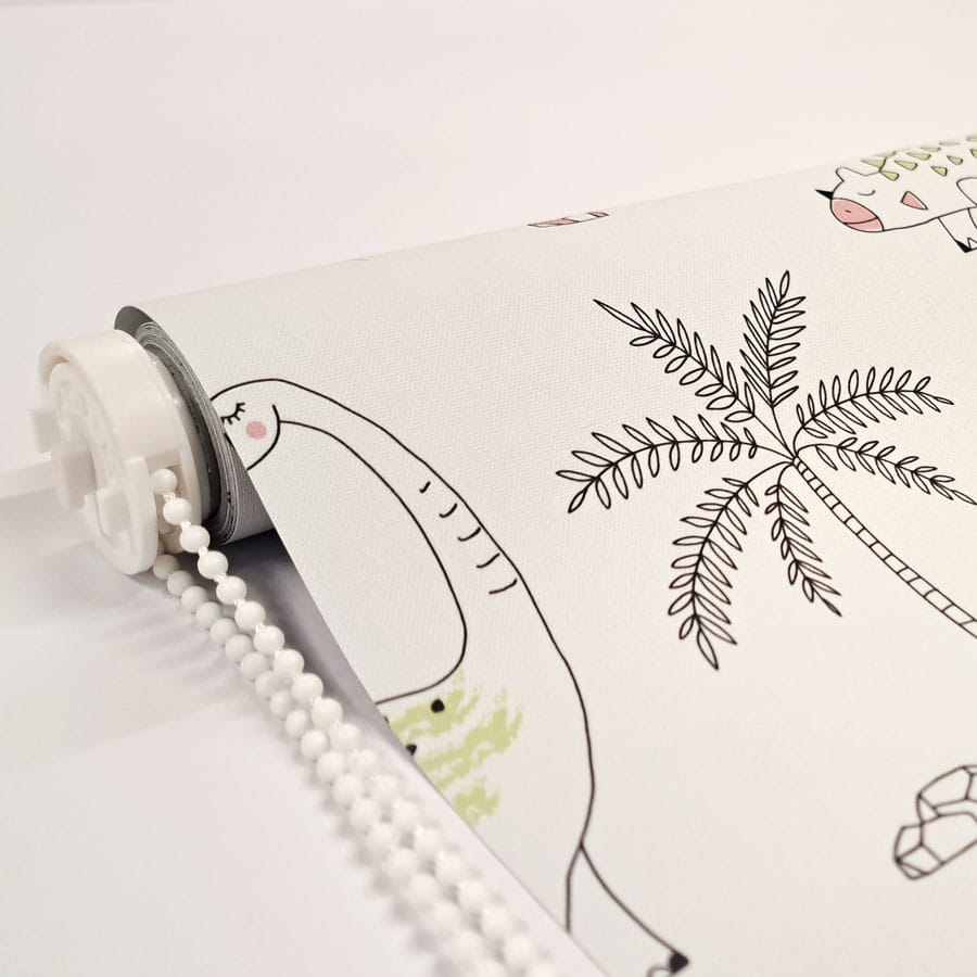 close-up of dino outlines roller blind with roller blind mechanism and white chain
