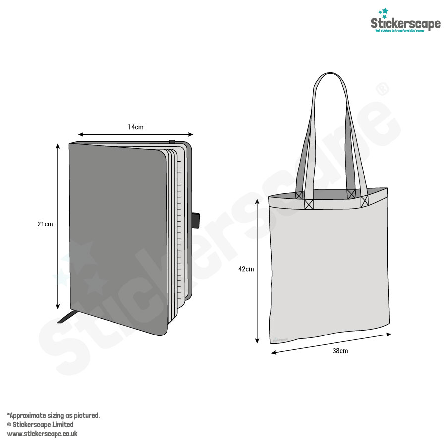 Stickerscape Notebook and Tote Bag Dimensions