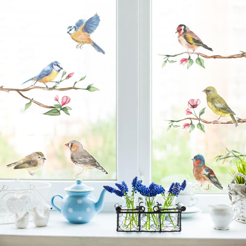 Spring Bird Window Stickers on a window