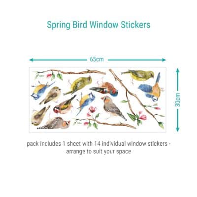spring birds window stickers showing sheet layout and what's included in each pack