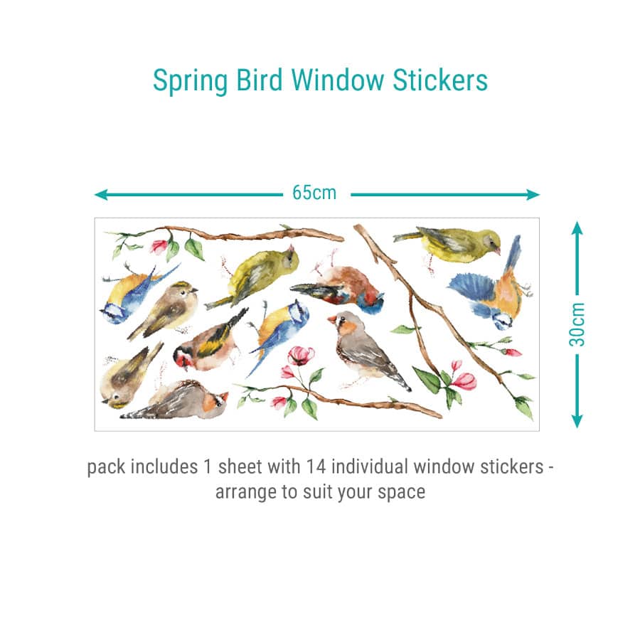 spring birds window stickers showing sheet layout and what's included in each pack