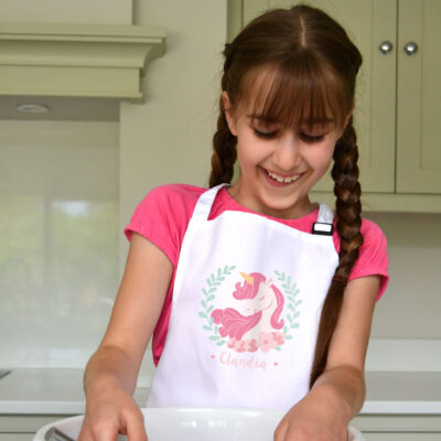 Personalised unicorn wreath apron (Pink) perfect gift for a child who loves to help with baking and cooking