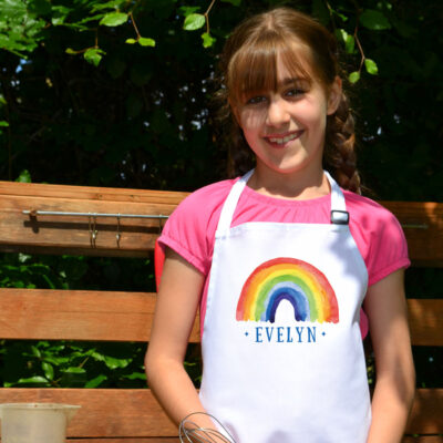 Personalised rainbow apron (Navy) perfect gift for a child who loves to help with baking and cooking