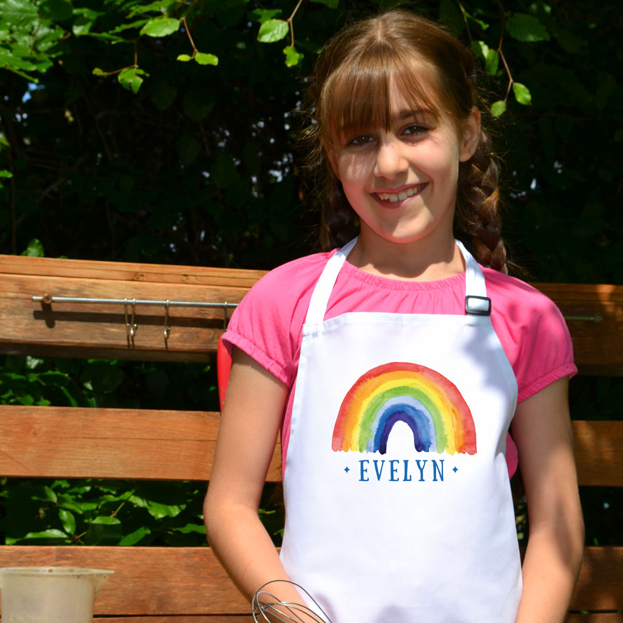 Personalised rainbow apron (Navy) perfect gift for a child who loves to help with baking and cooking