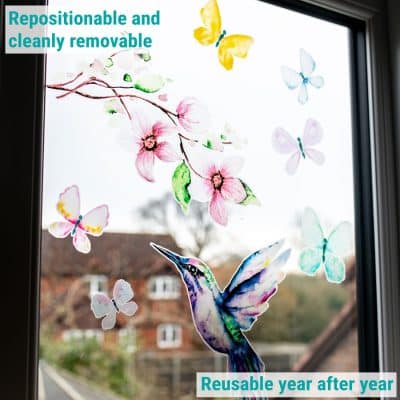 hummingbird and butterflies window sticker showing removability and reusability