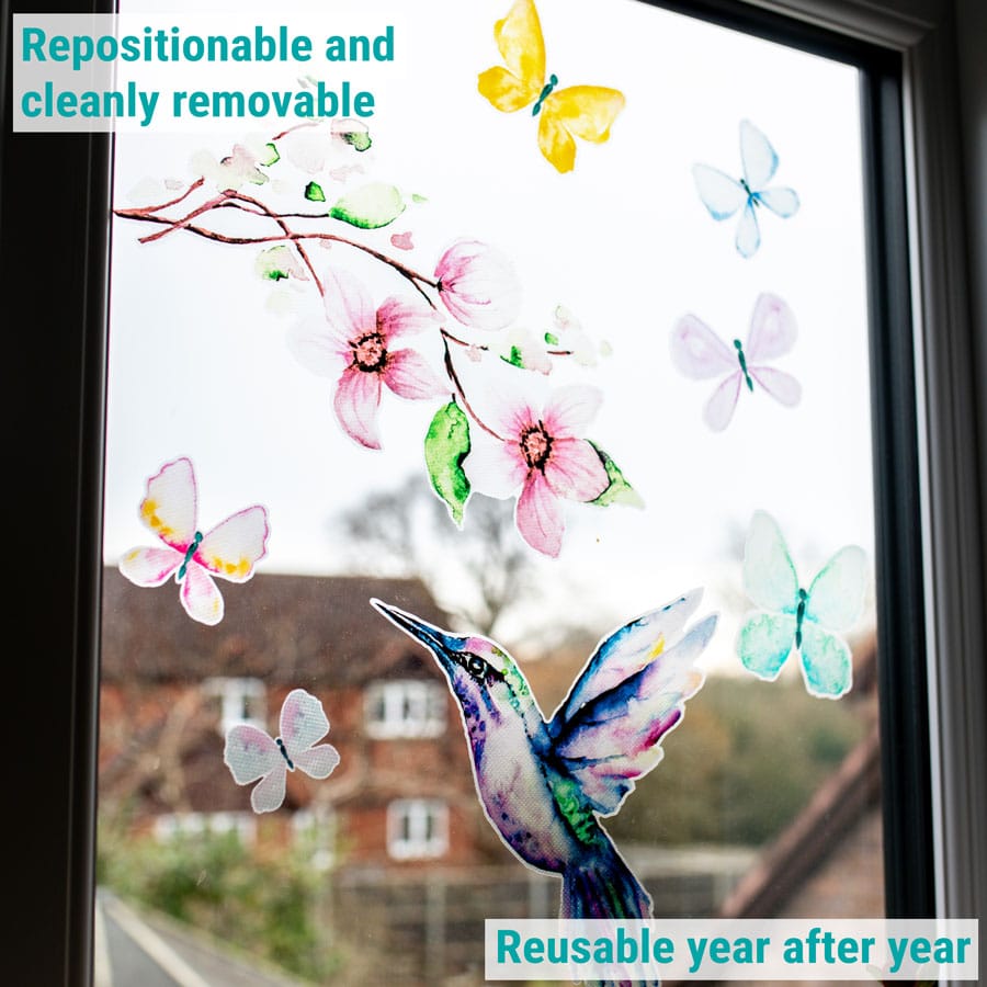 hummingbird and butterflies window sticker showing removability and reusability