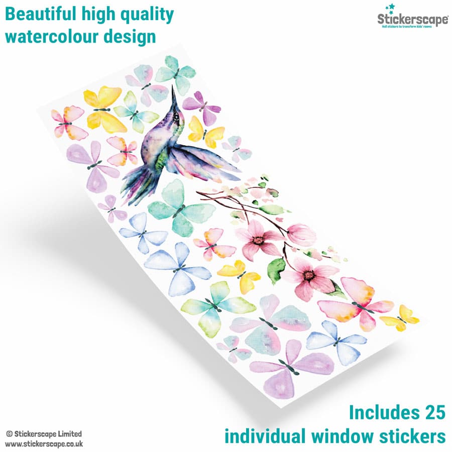 hummingbird and butterflies window stickers showing what's included in the pack