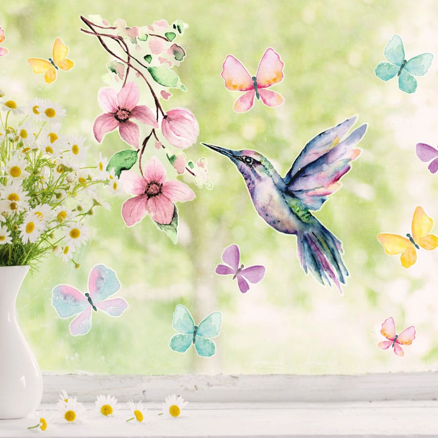 Hummingbird and Butterflies Window Stickers on a window