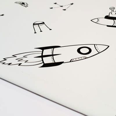 monochrome space blackout blind with close-up of rocket pattern