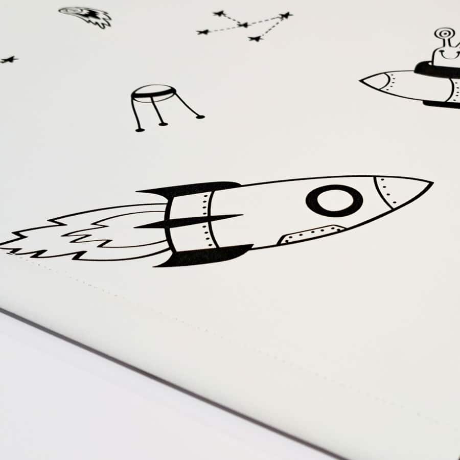 monochrome space blackout blind with close-up of rocket pattern