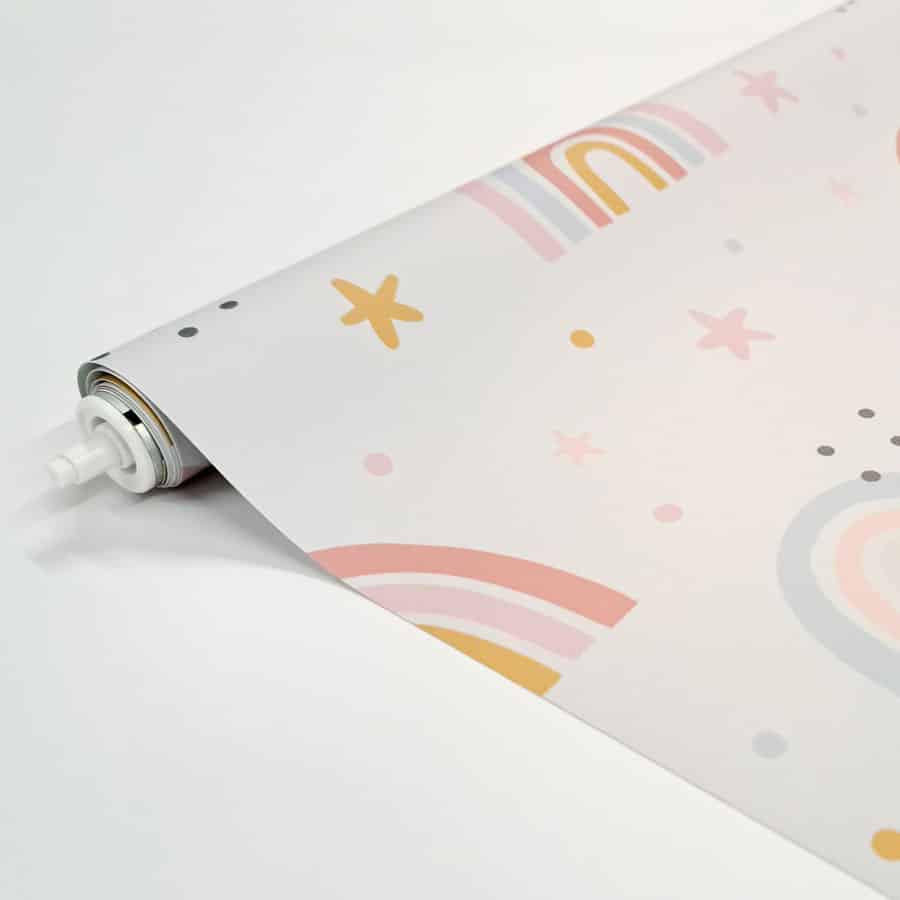 close-up of grey rainbows and stars roller blind showing roller blind mechanism