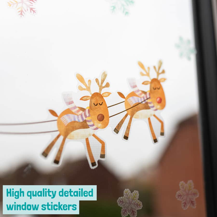 North Pole Christmas window sticker showing reindeer window stickers on a real life window